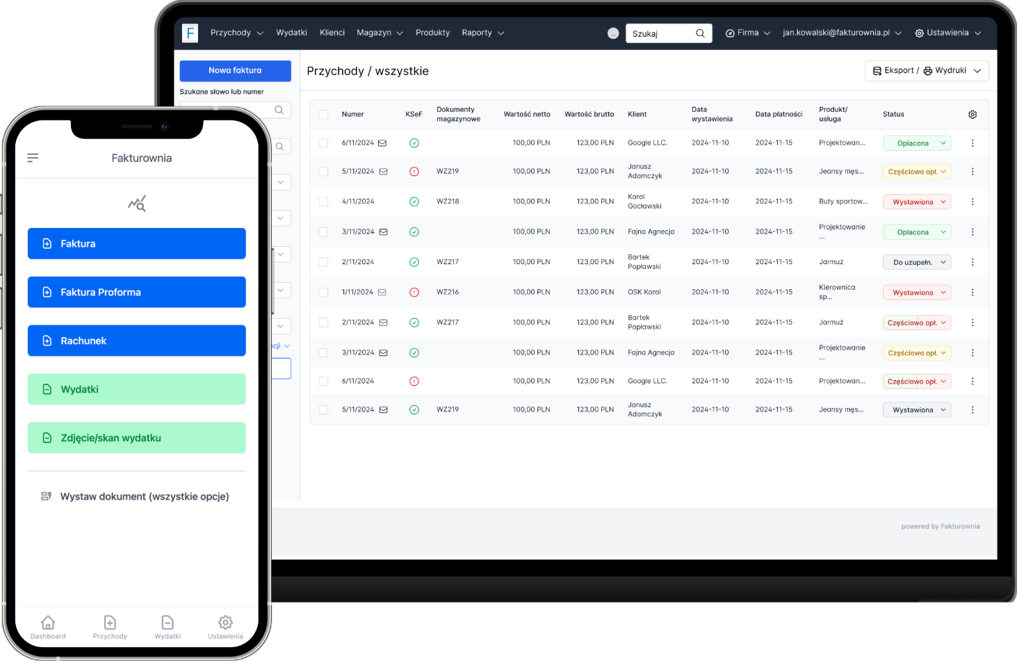 Fakturownia dashboard aplikacji
