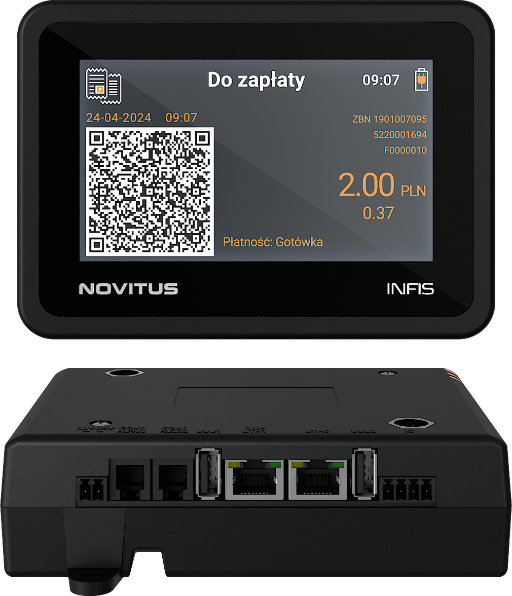 Schemat portów i wymiary Novitus INFIS Rysunek techniczny Novitus INFIS interfejsy i wymiary urządzenia serwis Bydgoszcz